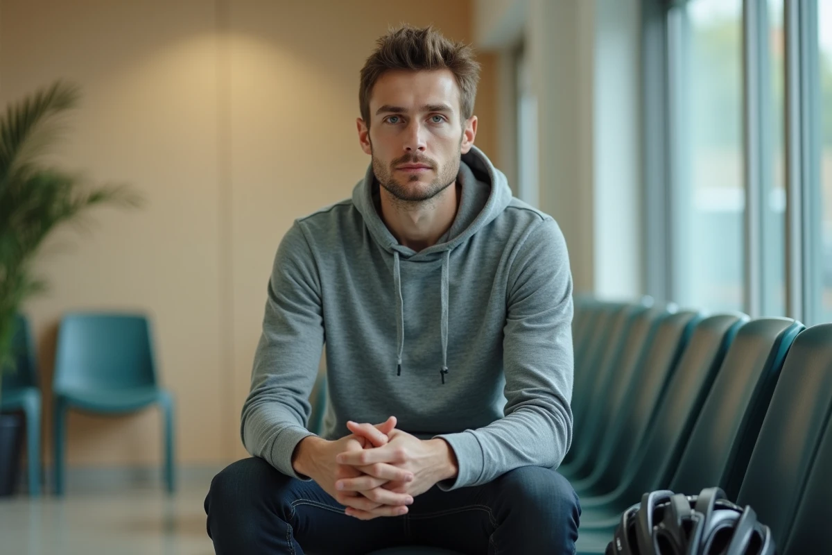 Cycliste assis dans une salle d'attente d'hôpital, symbolisant le combat contre la maladie et la résilience d'un sportif face au cancer