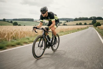 Cycliste en position aérodynamique sur route de campagne pour augmenter sa vitesse à vélo
