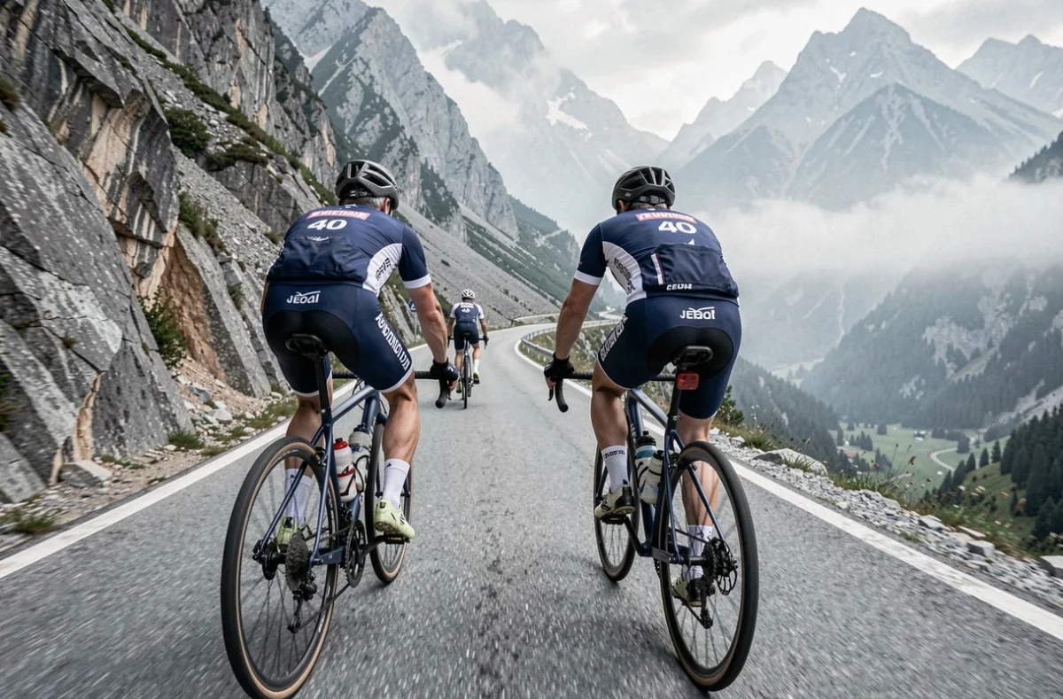 Deux cyclistes en sortie week-end en montagne travaillant leur vitesse en groupe