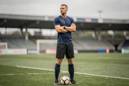 Défenseur central du PSG en position d'autorité sur le terrain d'entraînement, bras croisés, regard concentré, symbolisant la solidité défensive en 2026