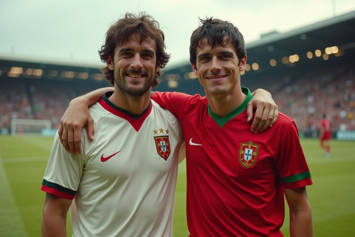 Deux footballeurs légendaires côte à côte sur un terrain