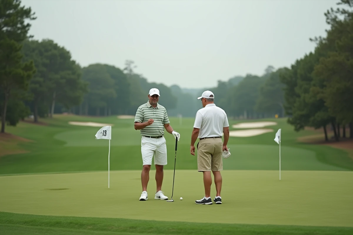 Deux golfeurs sur un putting green de compétition en extérieur s'entraînant ensemble avant un tournoi