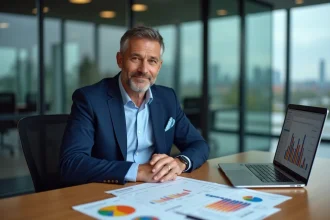 Directeur financier d'un club de Ligue 1 analysant le budget du club sur des feuilles de calcul dans un bureau moderne