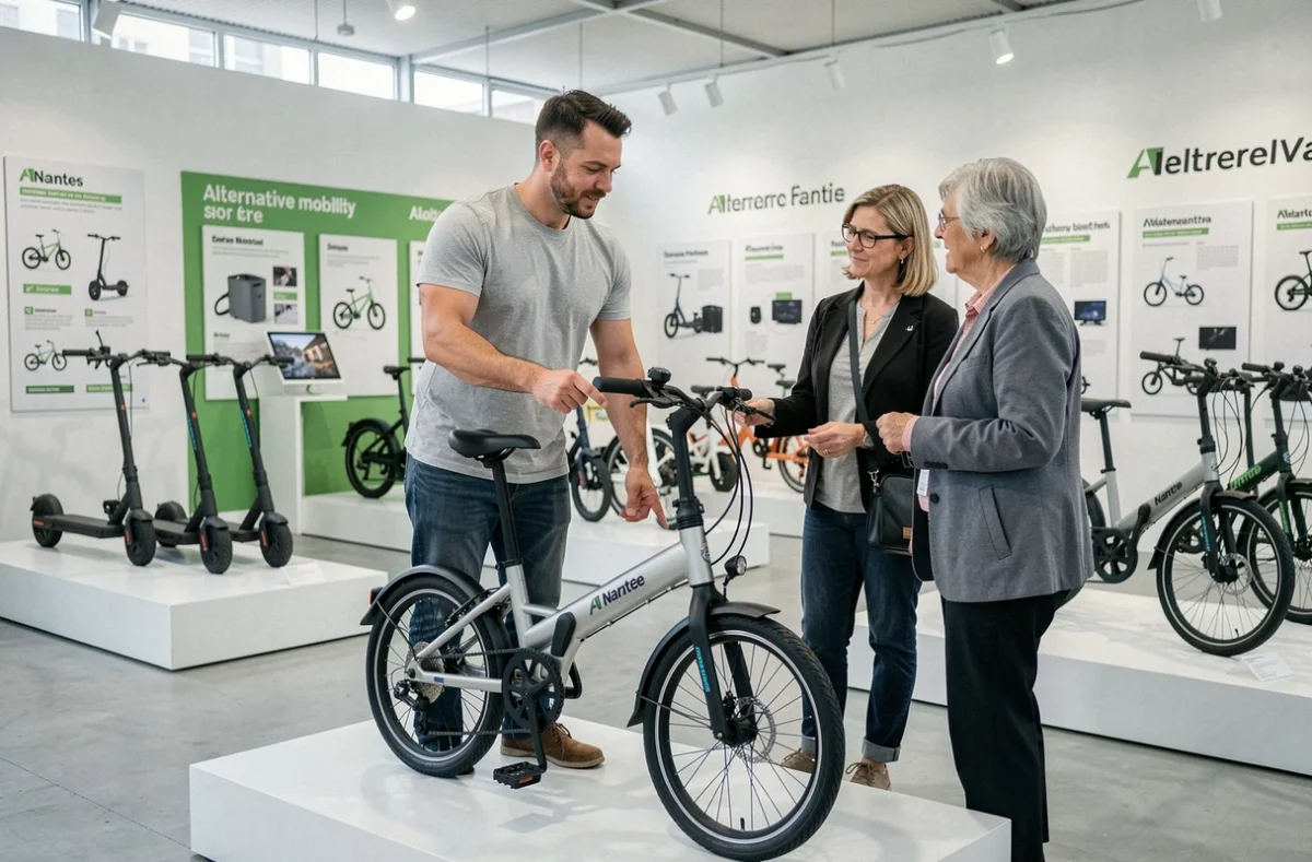Conseiller présentant un vélo électrique pliant dans le magasin Ecox dédié à la mobilité alternative à Nantes