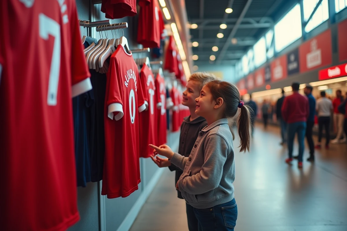 Enfants découvrant les maillots officiels de l'OL au stand de merchandising du stade Groupama Stadium à Lyon