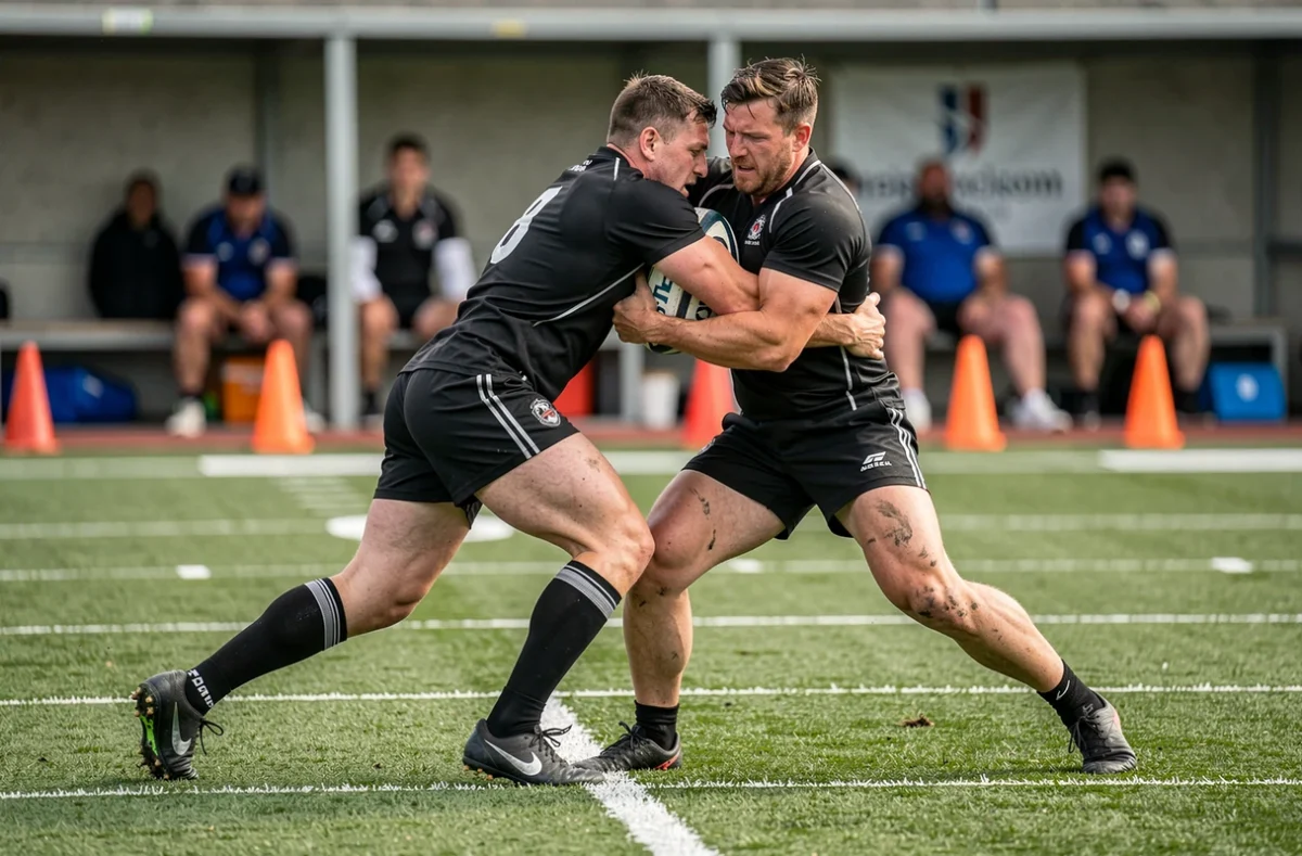 Deux joueurs des All Blacks à l'entraînement réalisant un exercice de plaquage sur le terrain d'entraînement