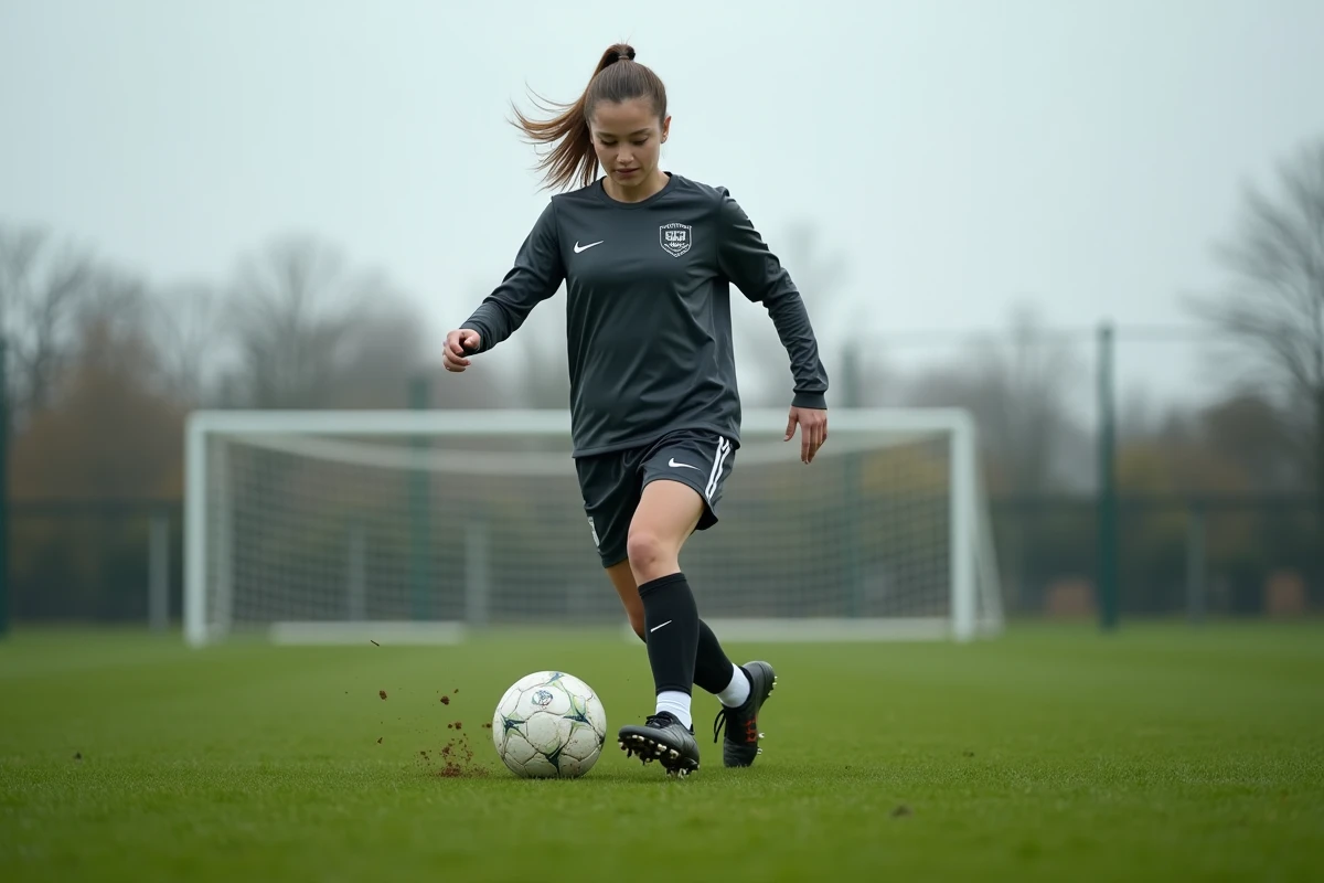 Footballeuse en entraînement sur un terrain de D1 féminine effectuant une passe avec ballon