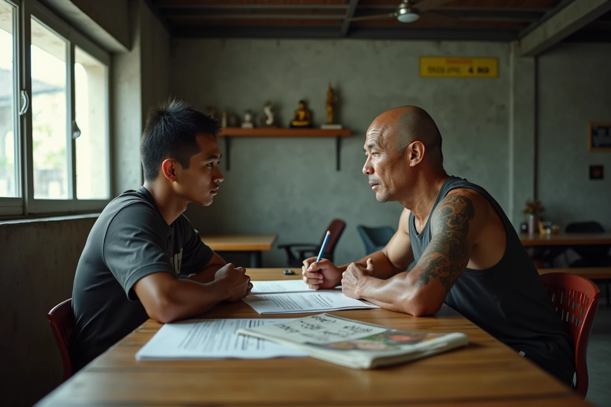 Entraîneur de Muay Thai et combattant en discussion stratégique pour la préparation mentale avant un combat de titre
