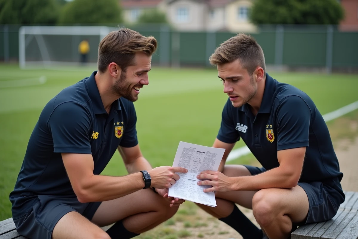 Entraîneur de rugby expliquant les niveaux de jeu et les divisions françaises à un jeune joueur ambitieux sur le bord du terrain lors d'un entraînement