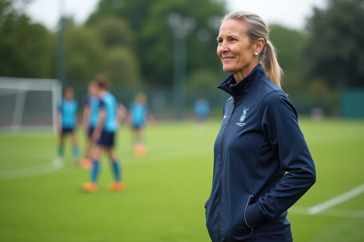 Entraineure de football en extérieur observant une équipe de jeunes filles