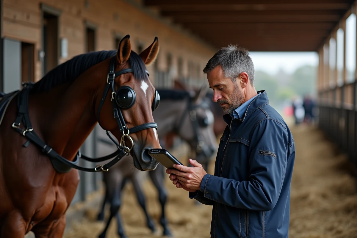 Entraîneur de trot en stalle avec cheval et tablette