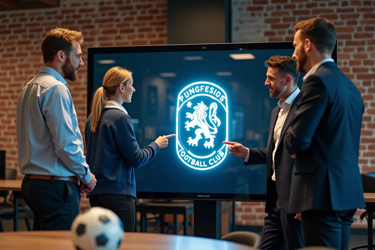Équipe bénévole d'un club amateur discutant du design d'un logo de football sur un écran numérique