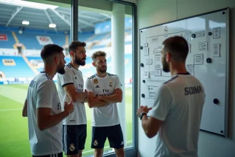 Groupe de joueurs Real Madrid en discussion tactique