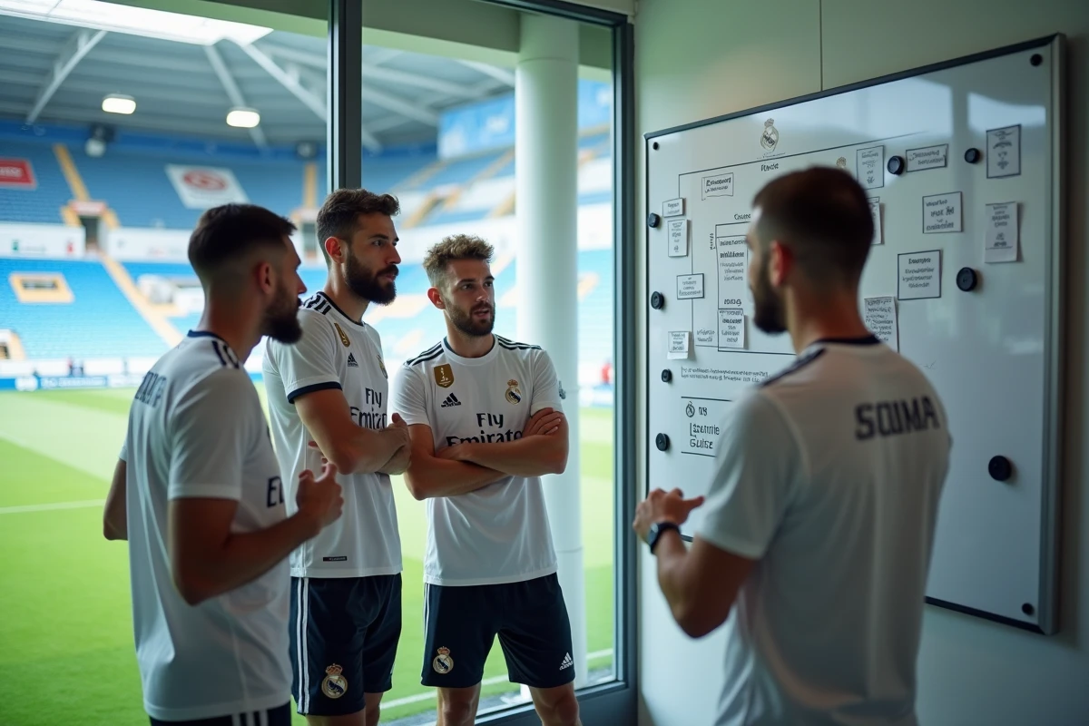 Groupe de joueurs Real Madrid en discussion tactique