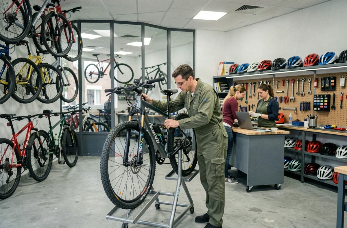 Mécanicien réparant un VTT dans l'atelier d'Espace 2 Roues à Angers, boutique de vente et réparation de vélos