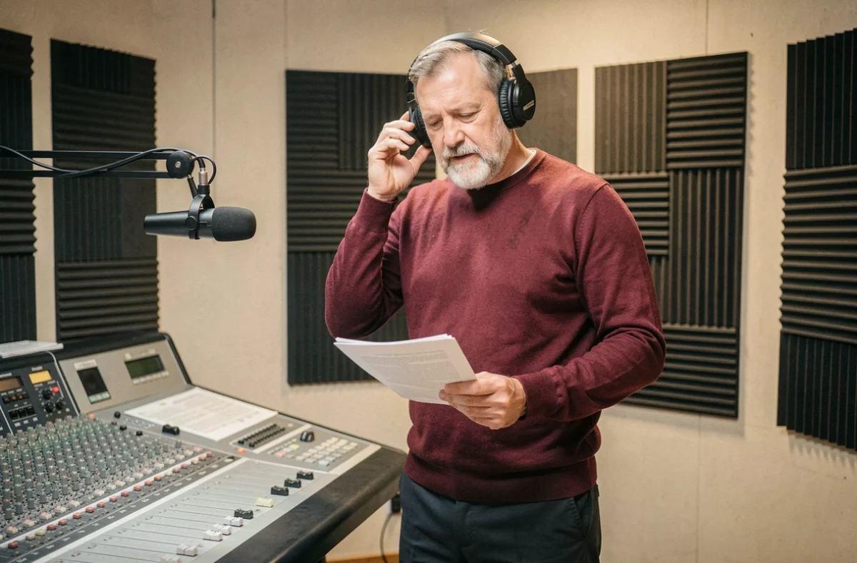 Ex-rugbyman français en cabine de radio sportive se préparant à commenter un match en direct