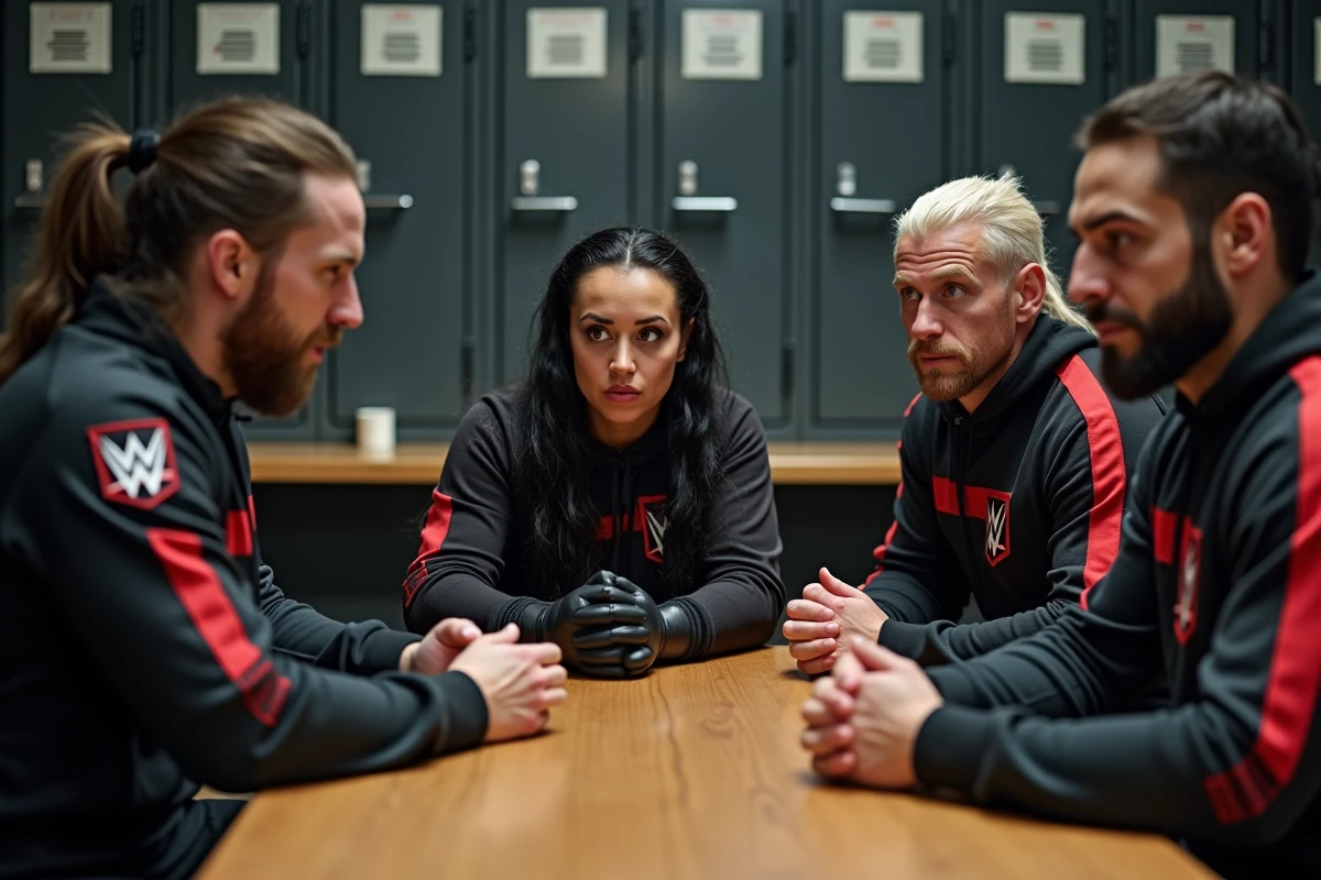 Les membres de la faction Judgment Day en réunion stratégique dans les vestiaires d'une arène de catch WWE