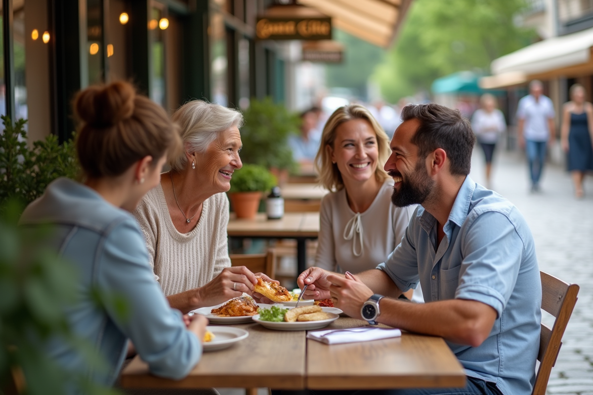 Famille multigeneration discutant glutenfree en terrasse urbaine