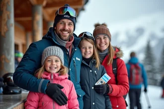 Famille souriante au comptoir de ski à Tignes