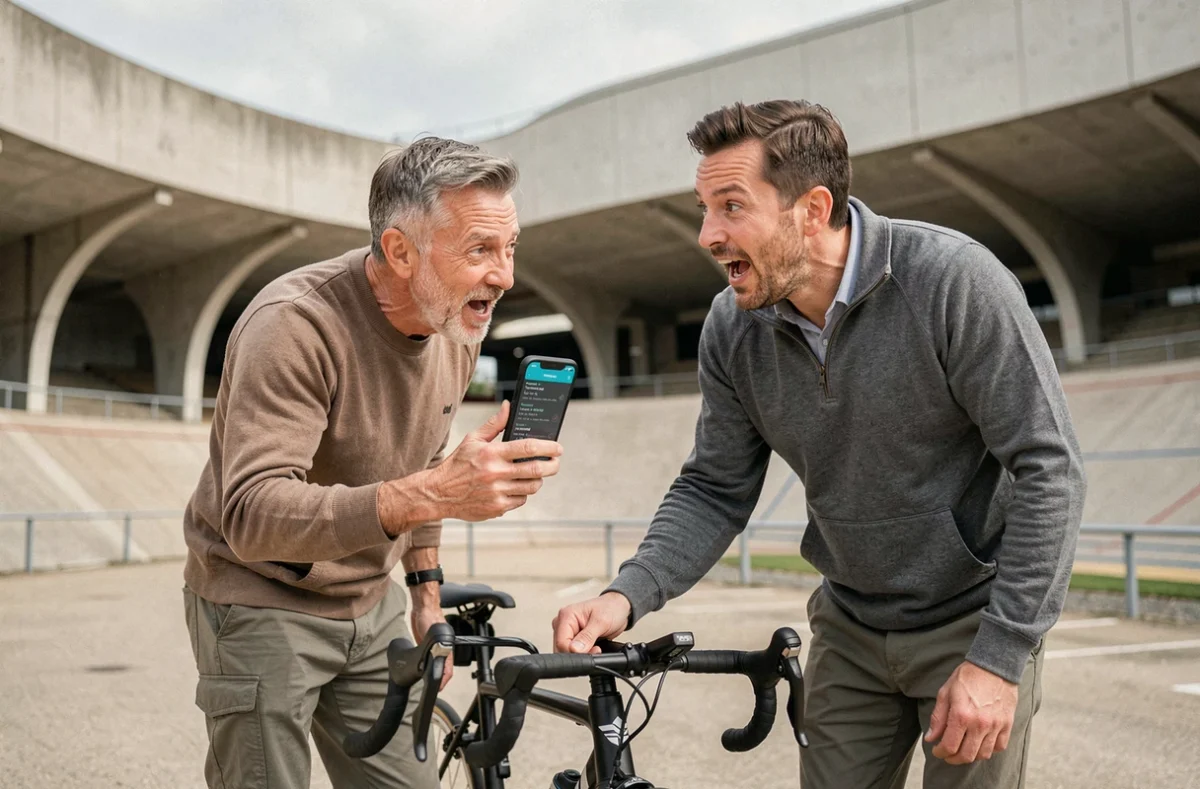 Deux passionnés de cyclisme consultant les dernières actualités de transferts 2026 sur smartphone devant un vélodrome