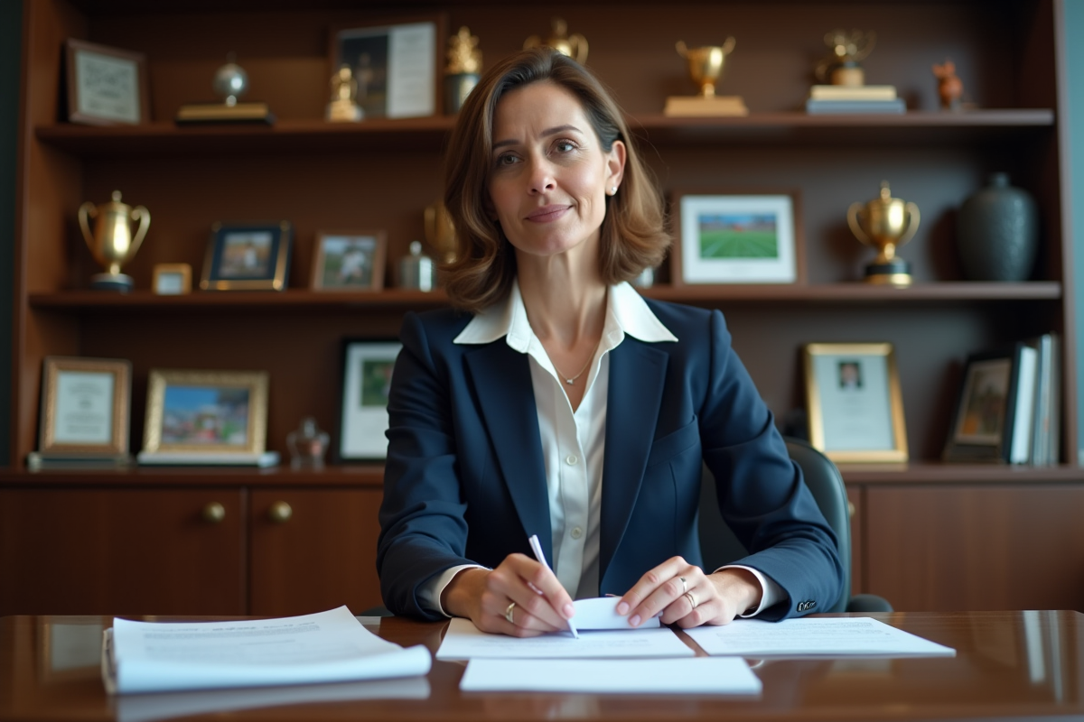 Femme d affaires en costume bleu examine des documents sportifs