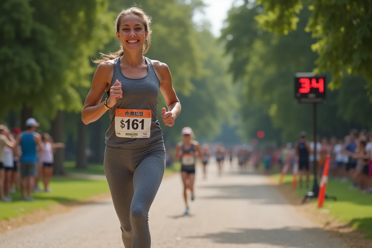 Jeune femme souriante franchissant la ligne d