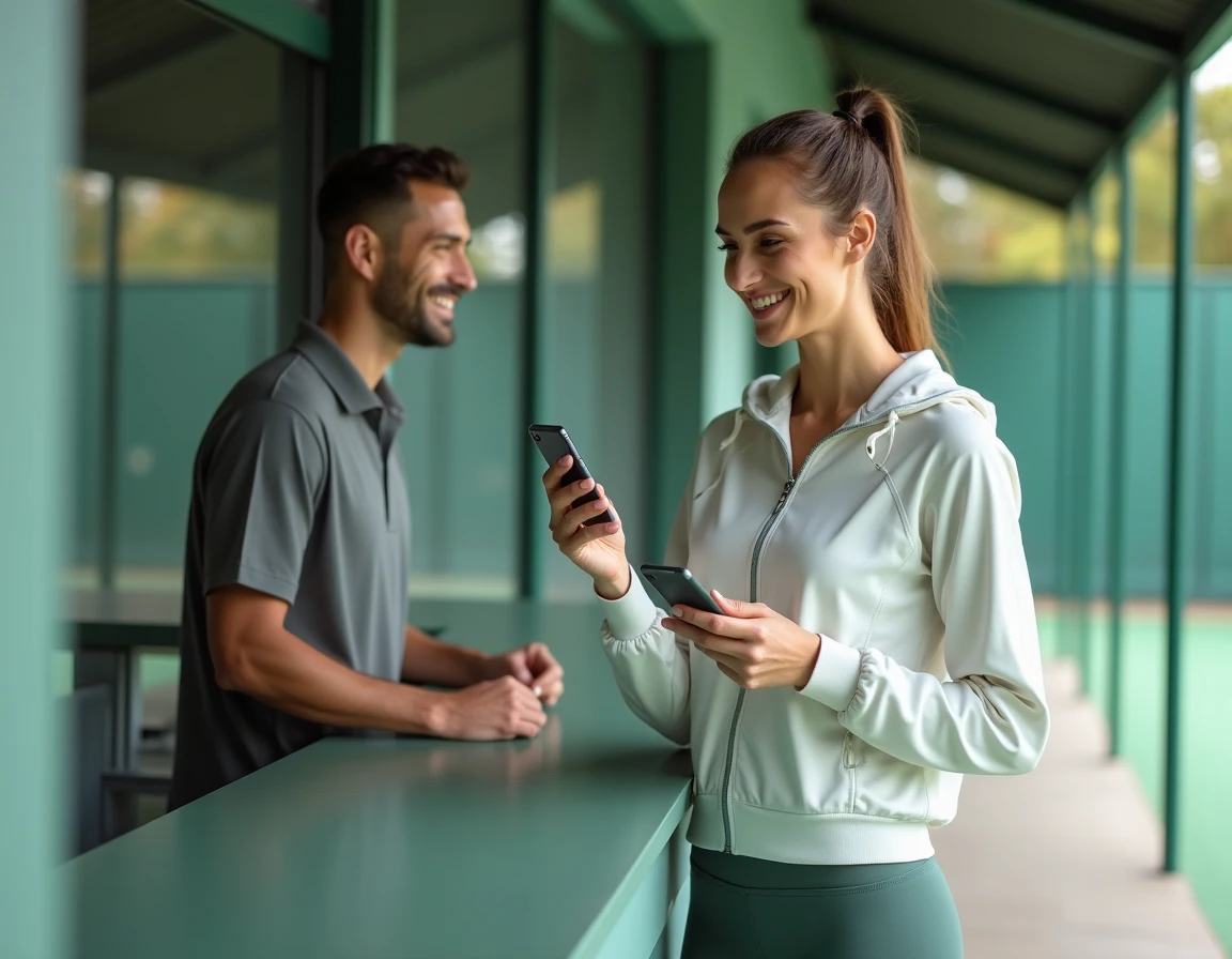 Femme sportive utilisant une application de bons plans tennis au club avec courts en terre battue