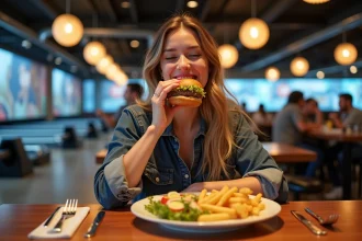 Jeune femme souriante dégustant un burger au Planet Bowling Lomme