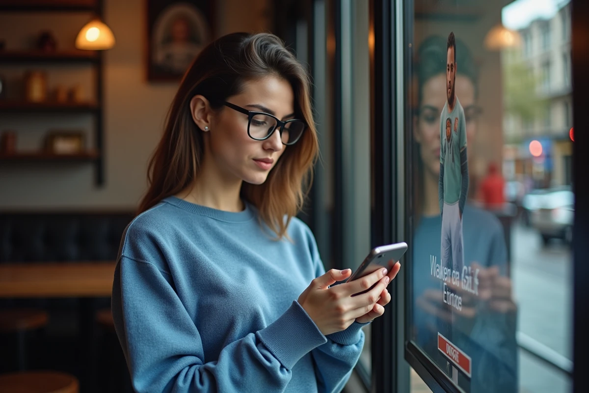 Femme dans un café urbain tient son smartphone en regardant