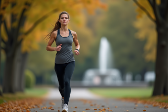 Femme courant dans un parc en automne avec feuilles