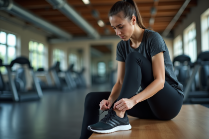 Jeune femme en salle de sport en train de lacer ses chaussures de course