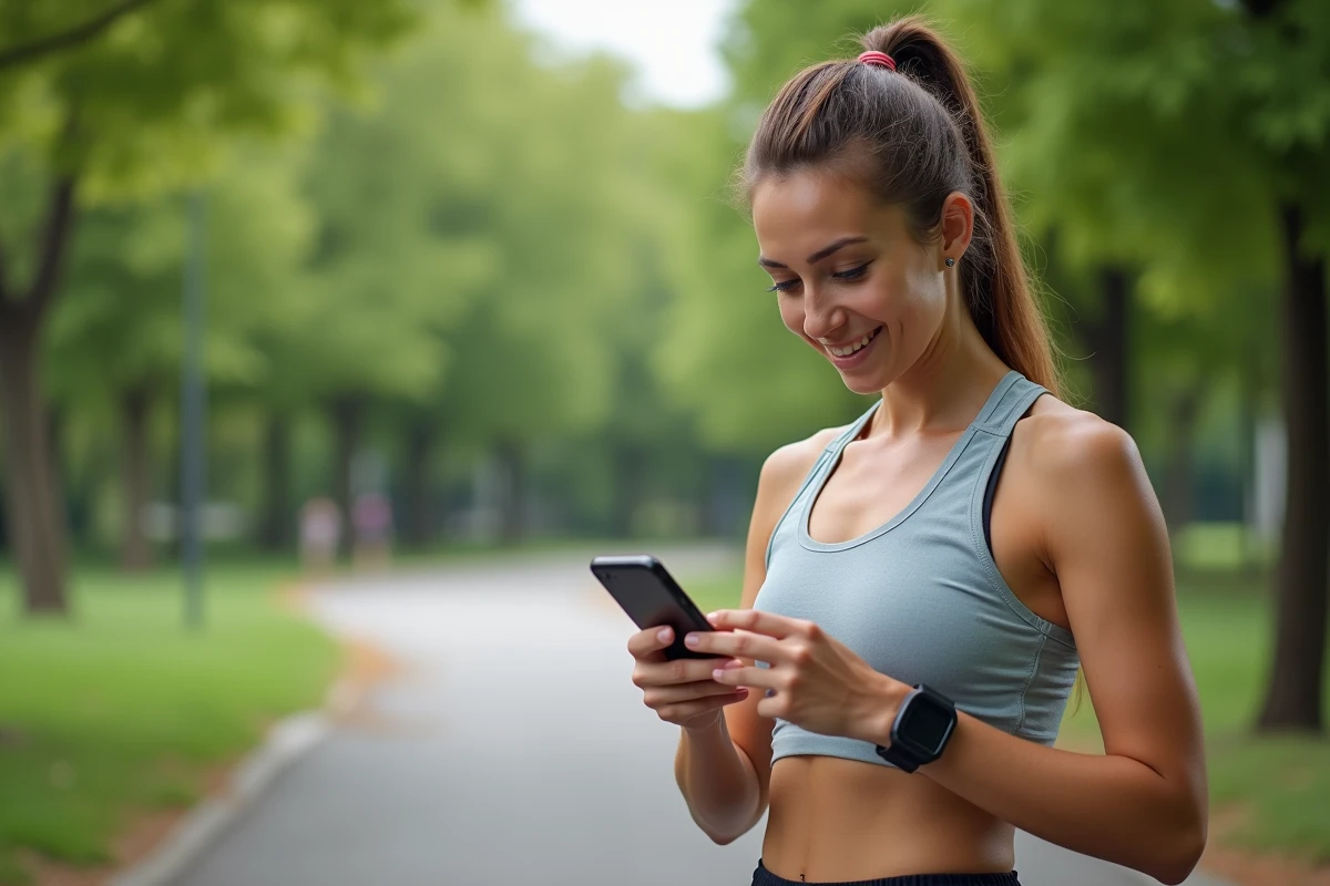 Jeune femme ajustant sa course avec son smartphone en plein air