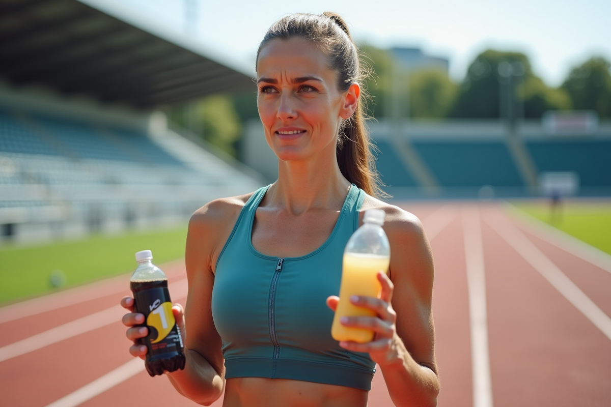 Femme coureuse regardant ses encas devant un stade