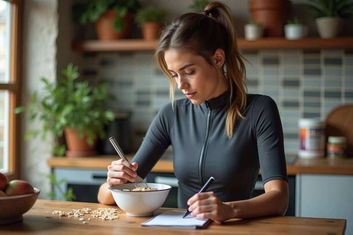 Femme cycliste préparant son petit déjeuner avant entraînement