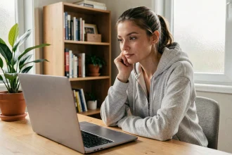 Femme débutante qui recherche un sport adapté sur le site sportrip.fr depuis son bureau à domicile