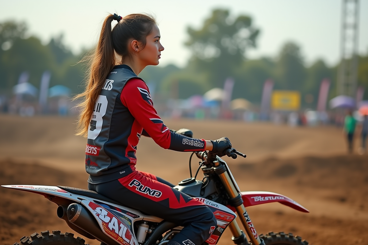 Femme en motocross sur la ligne de départ du circuit