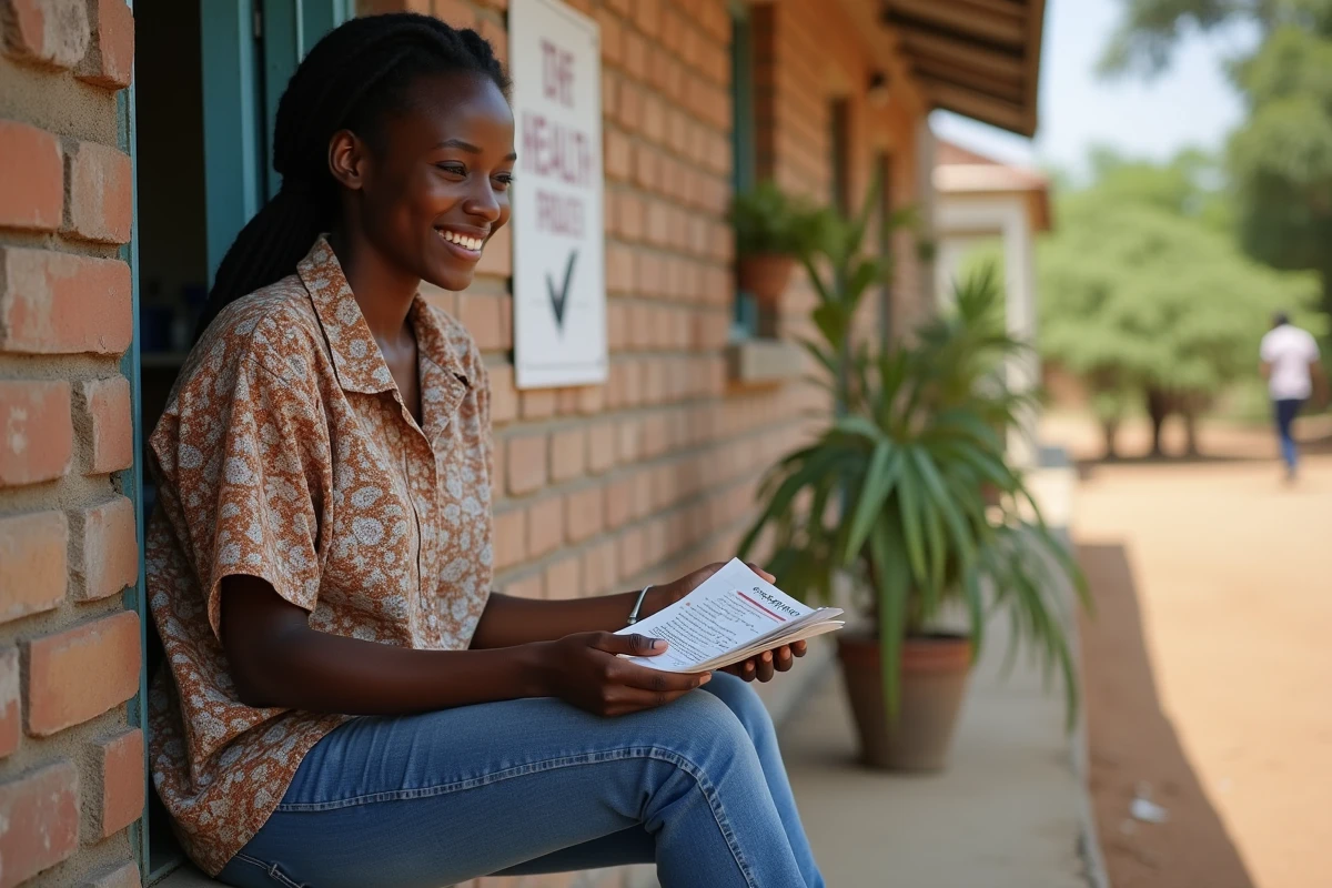 Jeune femme africaine distribuant des dépliants devant une clinique
