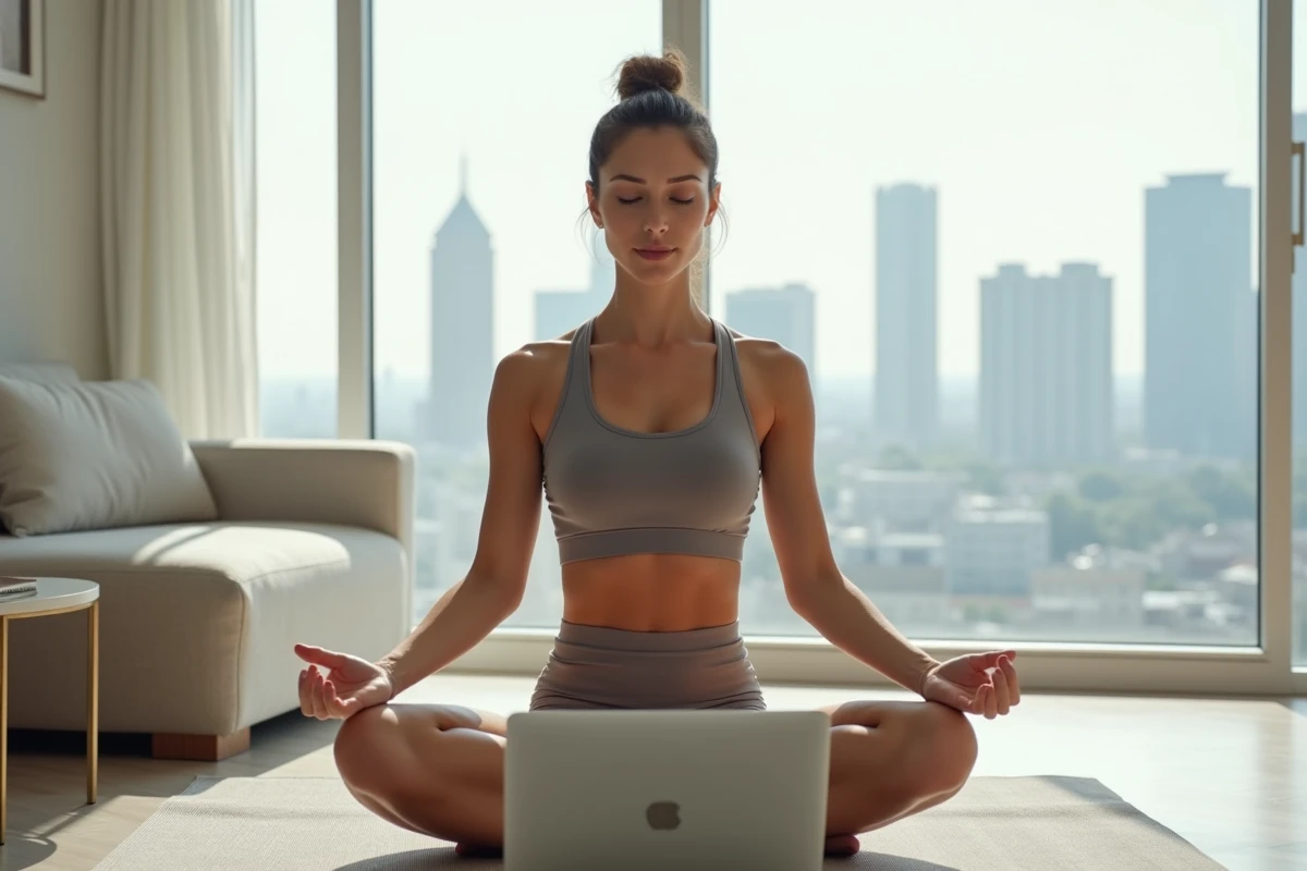 Jeune femme en tenue de sport méditant devant son ordinateur portable dans un salon minimaliste avec vue urbaine, illustrant le télétravail et la pleine conscience