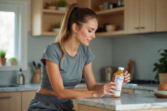 Femme lisant une étiquette nutritionnelle d'une boisson électrolyte