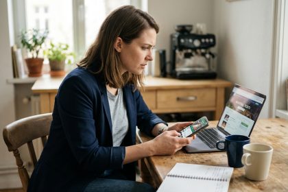 Jeune femme concentrée vérifiant billets de basketball au café