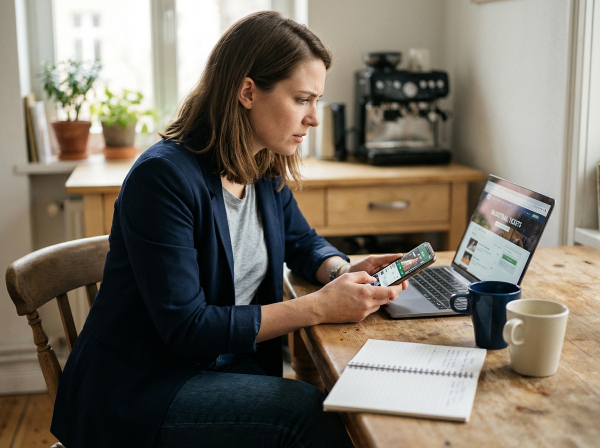 Jeune femme concentrée vérifiant billets de basketball au café