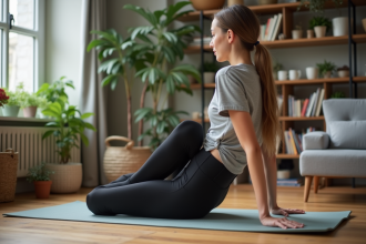 Femme pratiquant Pilates dans son salon calme
