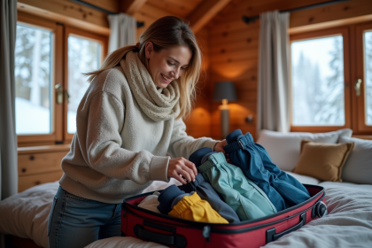 Femme souriante préparant ses vêtements de ski dans une chambre de chalet