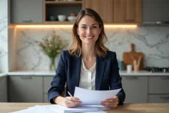 Femme en blazer dans une cuisine moderne souriante