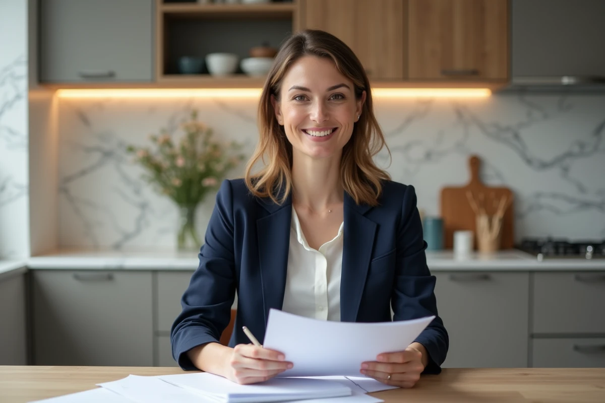 Femme en blazer dans une cuisine moderne souriante