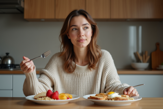 Jeune femme choisissant entre deux plats sains à la maison