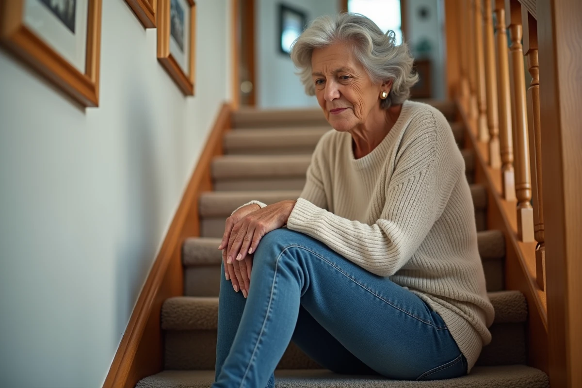 Femme senior en jean et pull se reposant en massant son genou dans une maison lumineuse