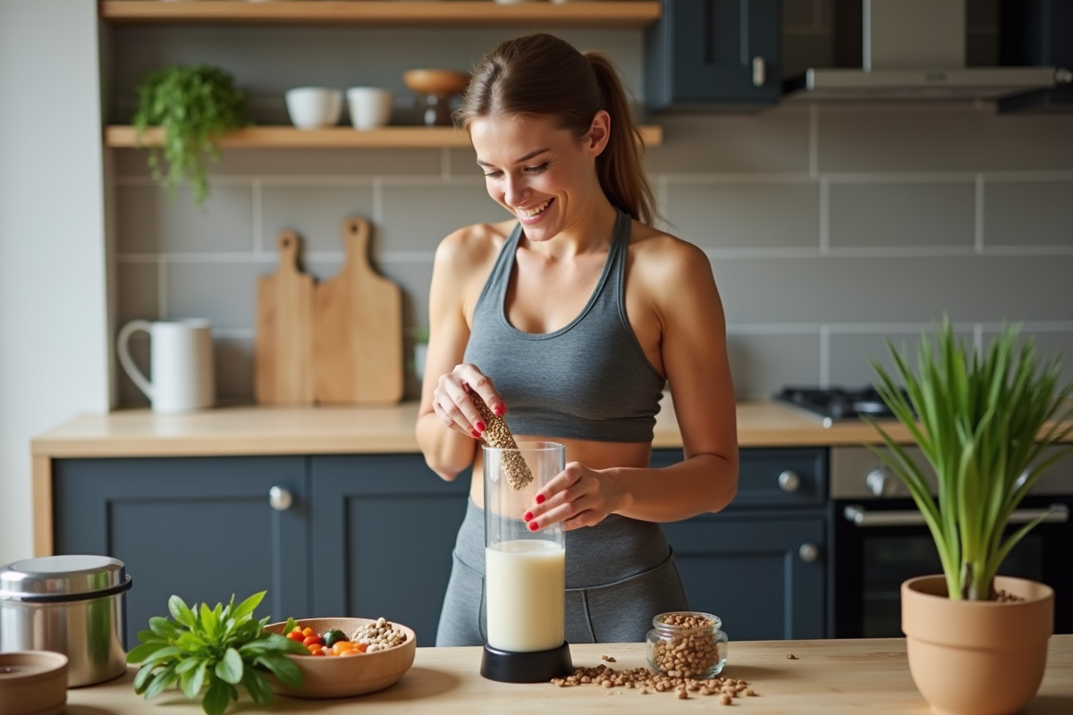 Femme en cuisine préparant un smoothie avec des ingrédients frais