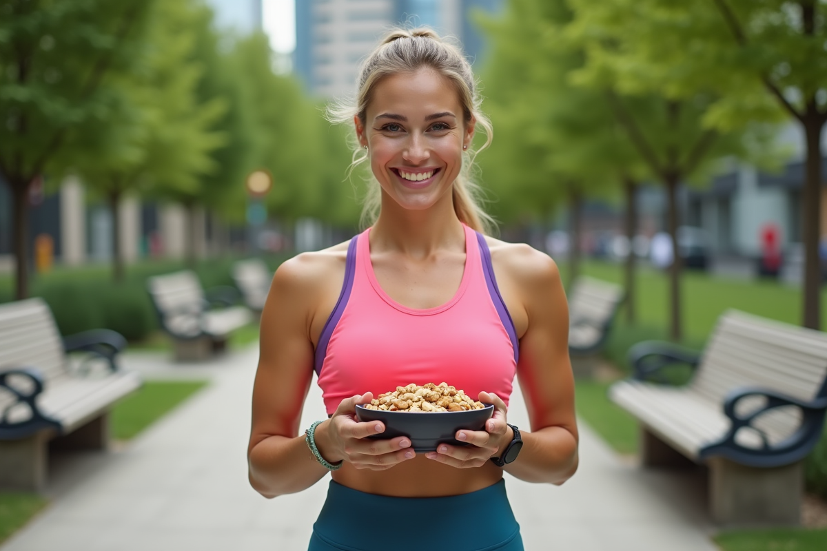 Femme sportive souriante tenant un bol de noix en parc urbain