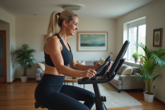 Femme sportive sur vélo d'appartement moderne